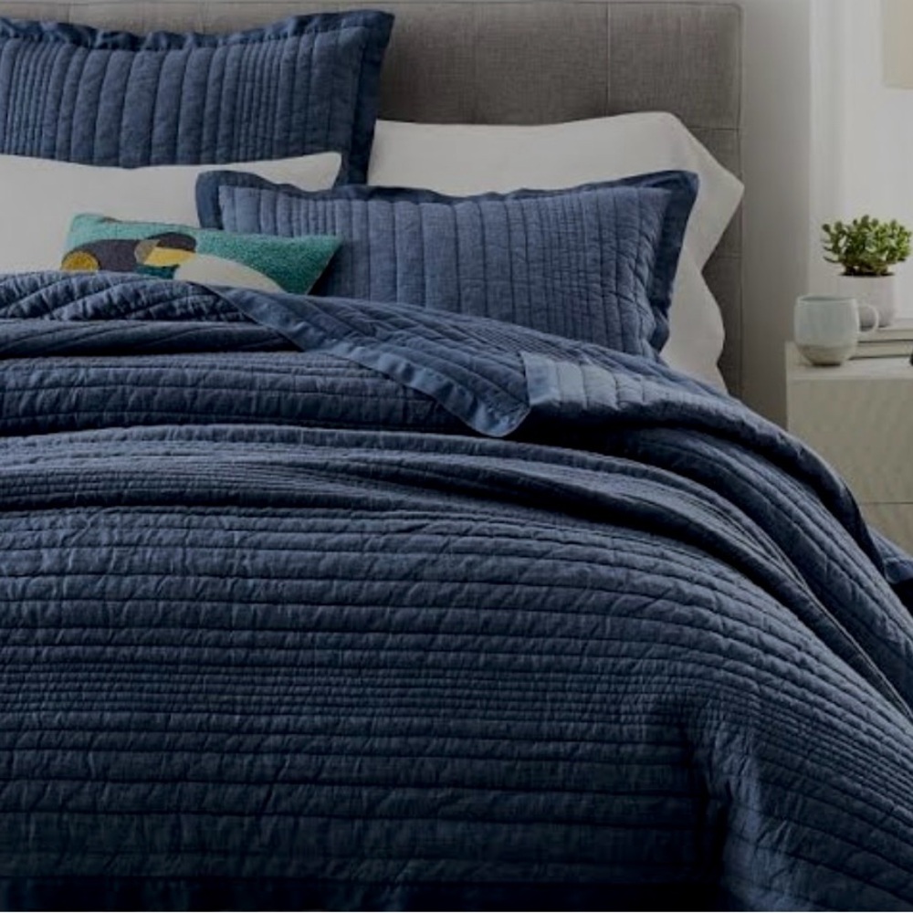 West Elm Navy Blue European Flax Linen Linework Standard Shams